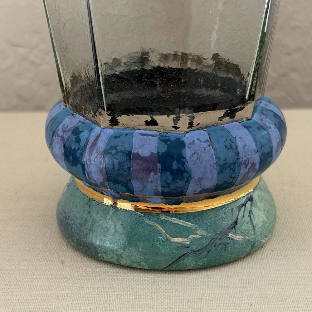 Vtg 80s 90s Mackenzie Childs Glass Cups Circus Purple Stripe Marble Octagon